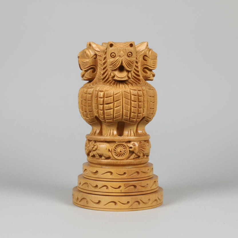 Indian national emblem Ashoka pillar wooden sculpture office decor