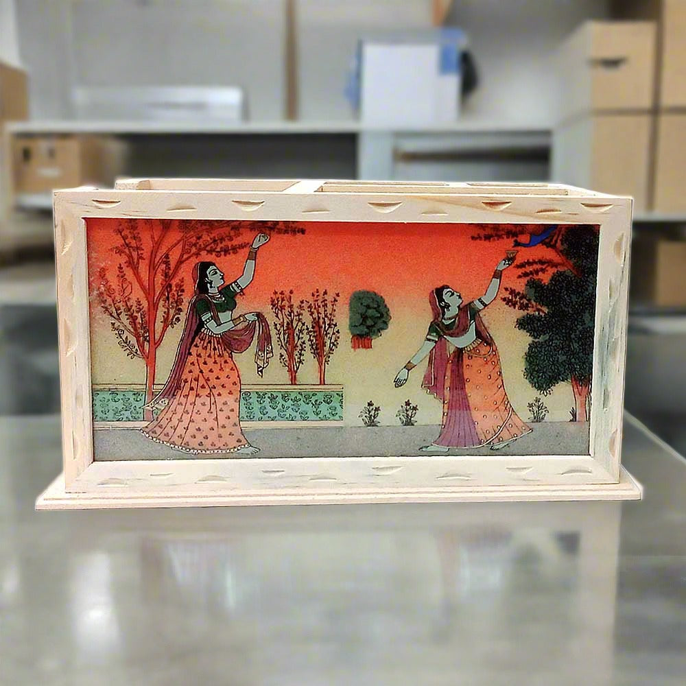 Office table desk organizer decorated with gemstone art behind glass.