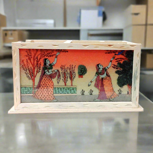 Office table desk organizer decorated with gemstone art behind glass.