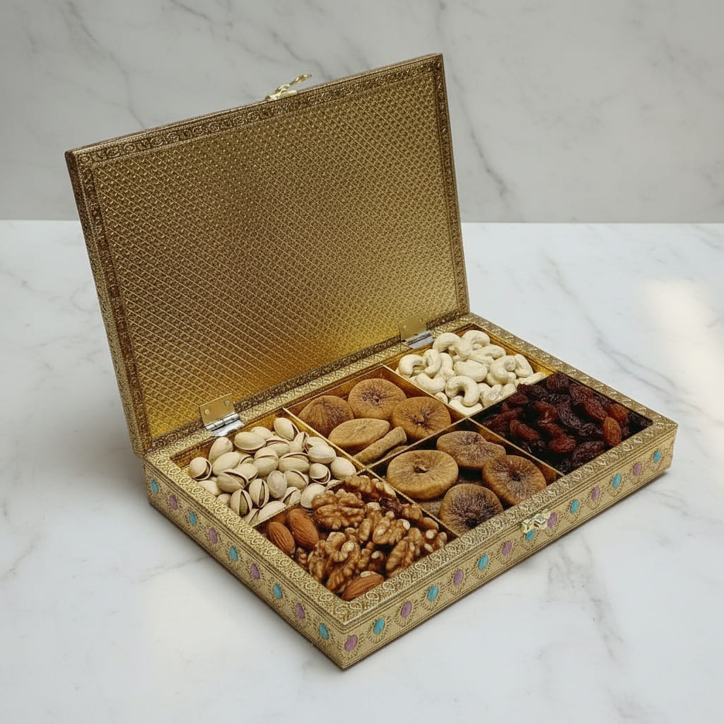 Interior view of the royal peacock dry fruit box showing the spacious internal partitions for organizing sweets, nuts, and chocolates.