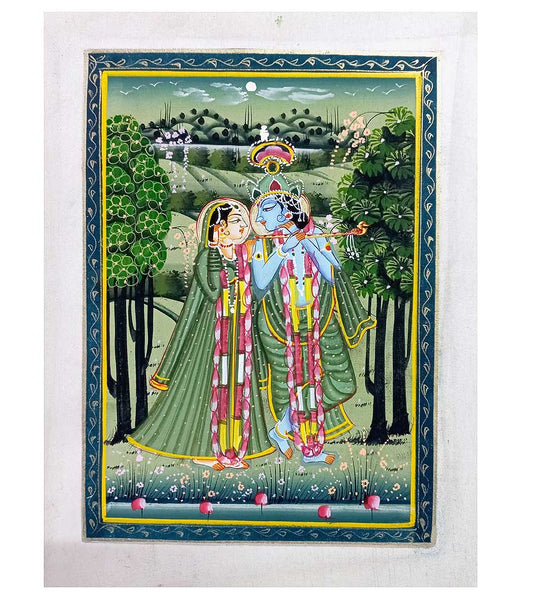An original miniature painting of Radha and Krishna on silk, with intricate details.