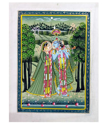 An original miniature painting of Radha and Krishna on silk, with intricate details.