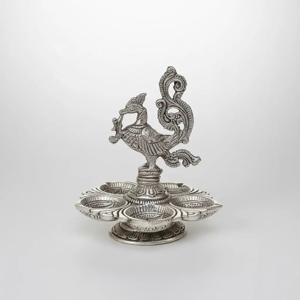 Oxidized Silver Metal Peacock Deepak Holder 5 Diya Stand for Pooja Room