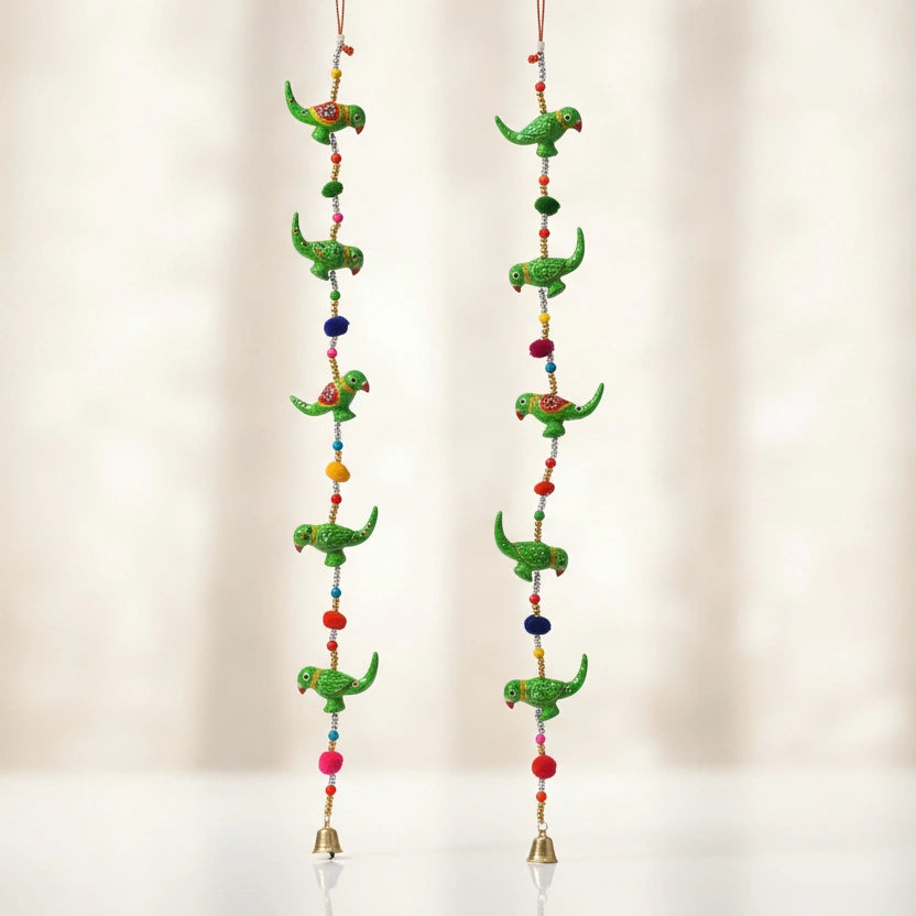 Pack of 2 handmade papermache parrot wall hanging toran for door decor, 2 feet height