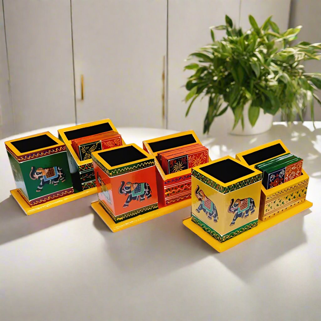 Hand-painted wooden desk organizer with slots for pens, phone, and cards