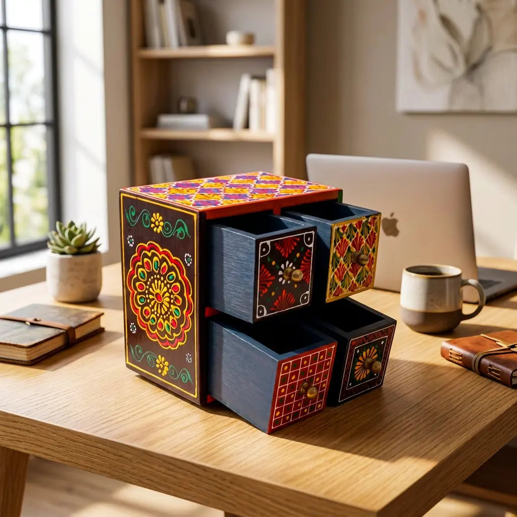 Hand-painted wooden storage box with four open drawers on an office desk beside a laptop