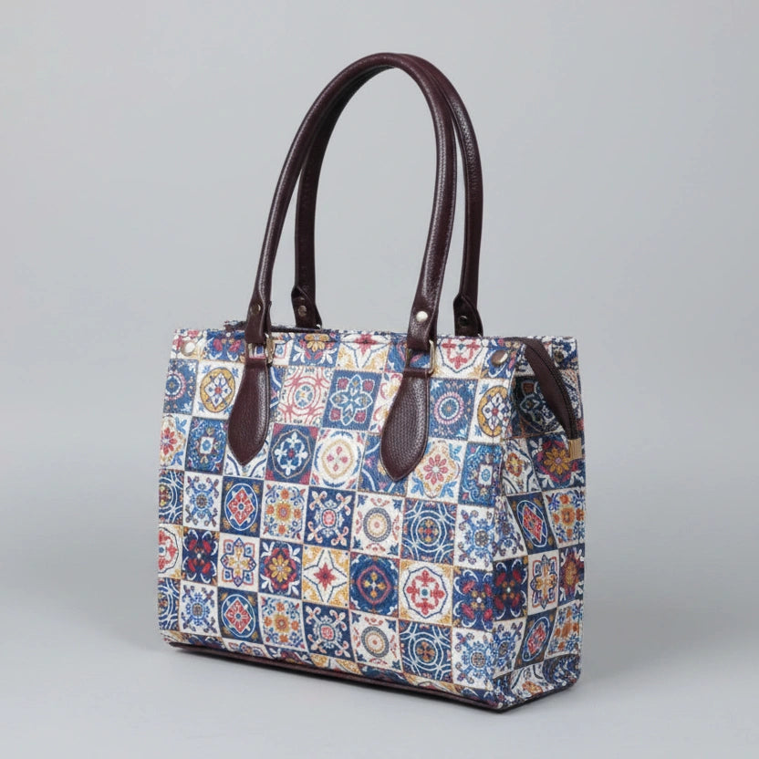 Close-up detail of high-grade Patola fabric stitching and premium synthetic PU leather accents.