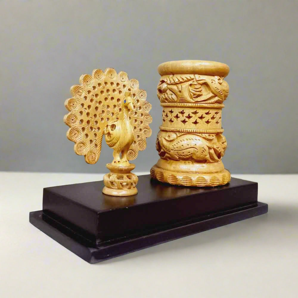Artistic wood carving peacock pen holder, unique handcrafted stationery stand