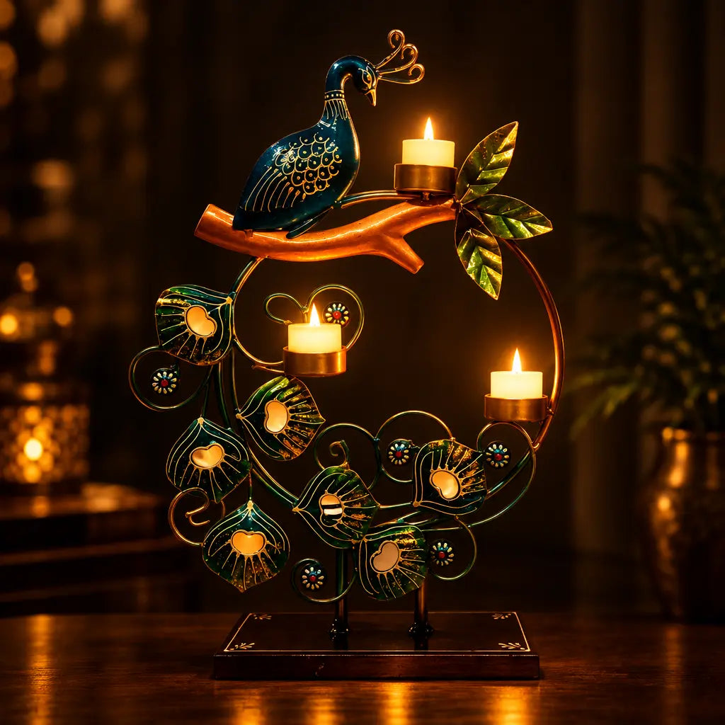 Peacock metal candle holder with three glowing tealights and green feather details on a wooden table in a dimly lit room