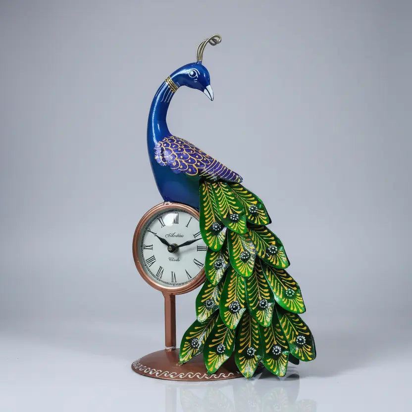 Jaipur Handcrafted Peacock Metal Table Clock | Blue Green Hand Painted Decorative Clock | KK Gift Store