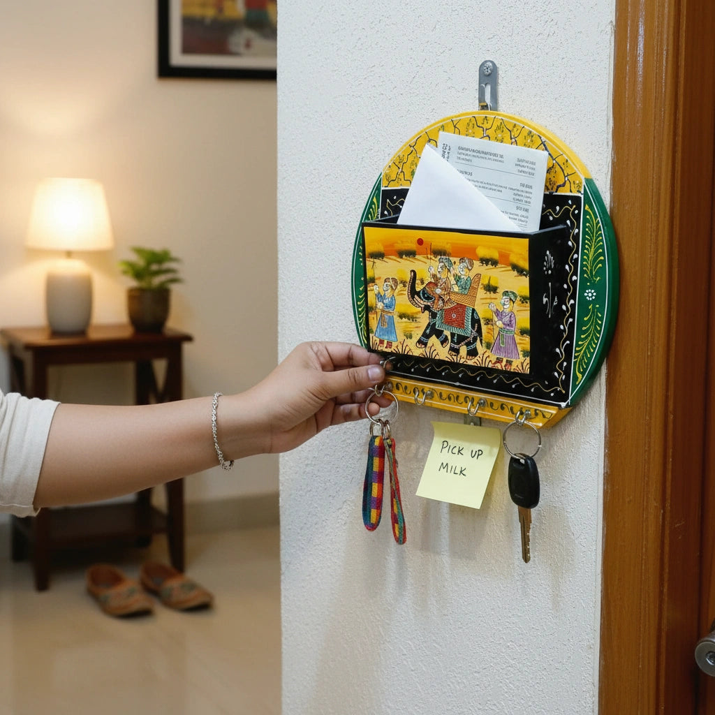 Custom branded wooden key holder with traditional artwork, ideal for wedding return gifts and personalized corporate favors with custom names or dates.