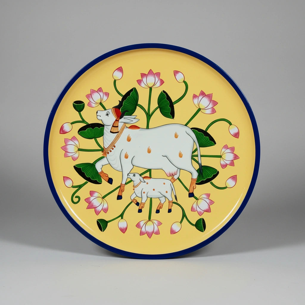 Hand-painted Pichwai art on a circular wooden wall hanging plate featuring a traditional cow and calf motif with floral borders.