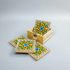Pine wood coaster holder with inlay work at center, handcrafted in Jaipur