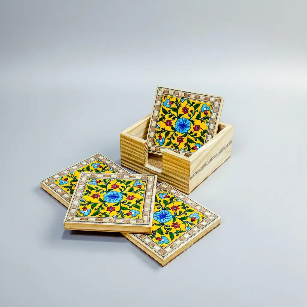 Pine wood coaster holder with inlay work at center, handcrafted in Jaipur