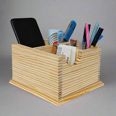 Pine wood desk organizer with three compartments for pens, phone, and cards – ideal for office use