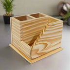 Handcrafted wooden pen holder with vibrant gemstone artwork, perfect for organizing office or study desk essentials.