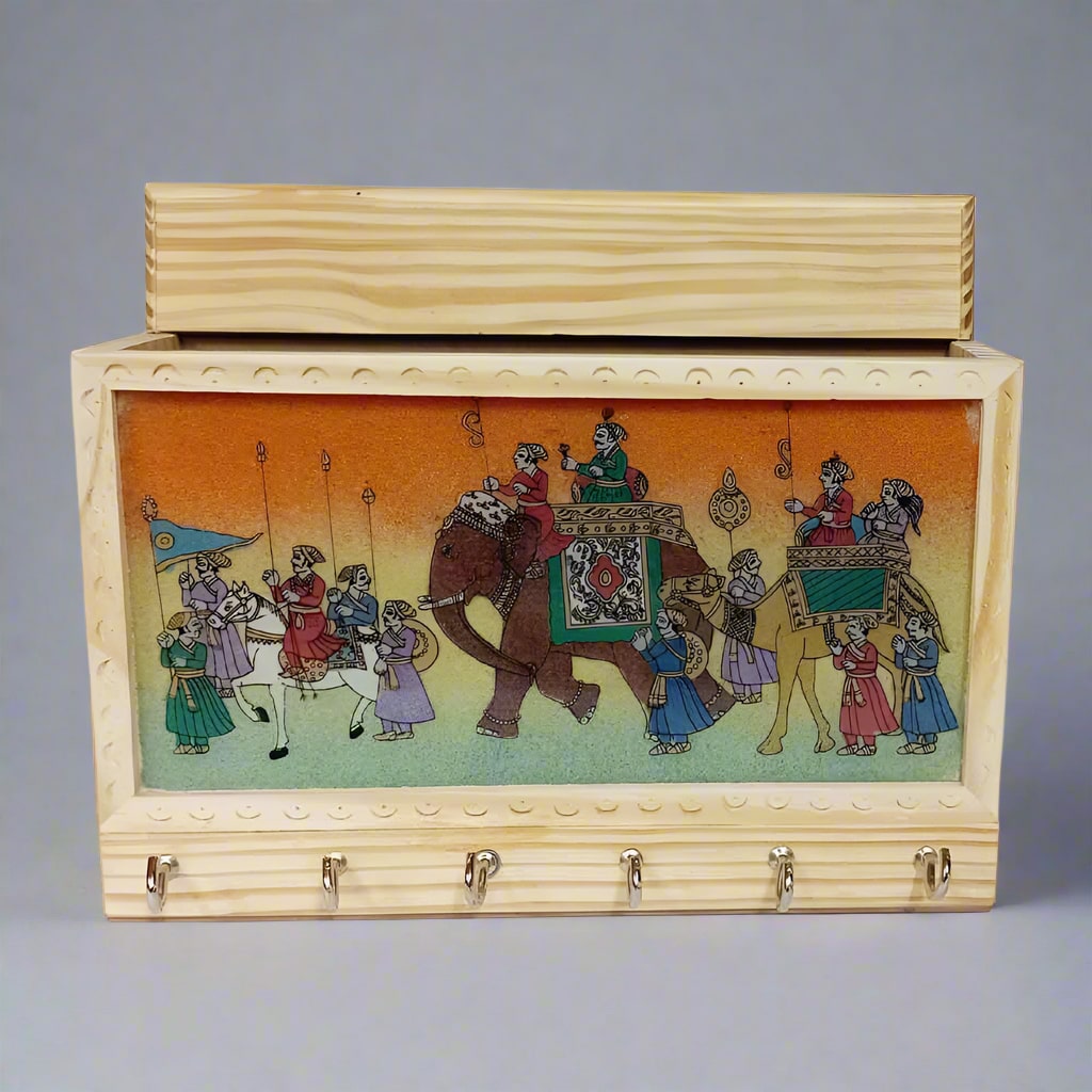 Pine wood key holder with gemstone painting – handcrafted wall decor for home