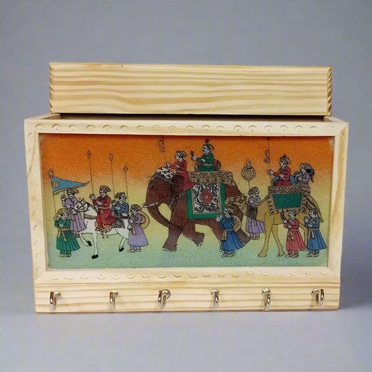 Pine wood key holder with gemstone painting – handcrafted wall decor for home