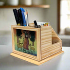 Gemstone-decorated wooden desk organizer with 360-degree rotation, ideal for storing pens, brushes, and stationery.