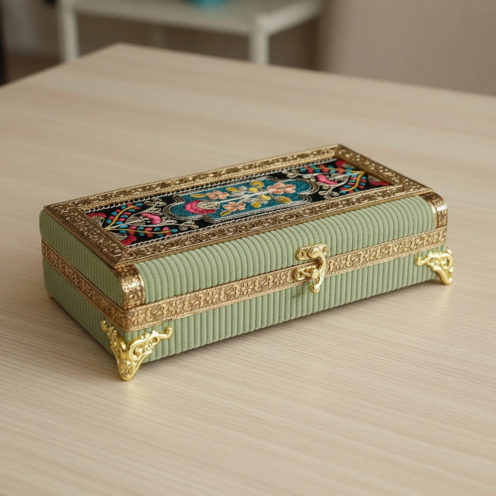 Handcrafted wooden dry fruit box wrapped in pista-colored designer cloth featuring premium top embroidery and golden floral metal borders.