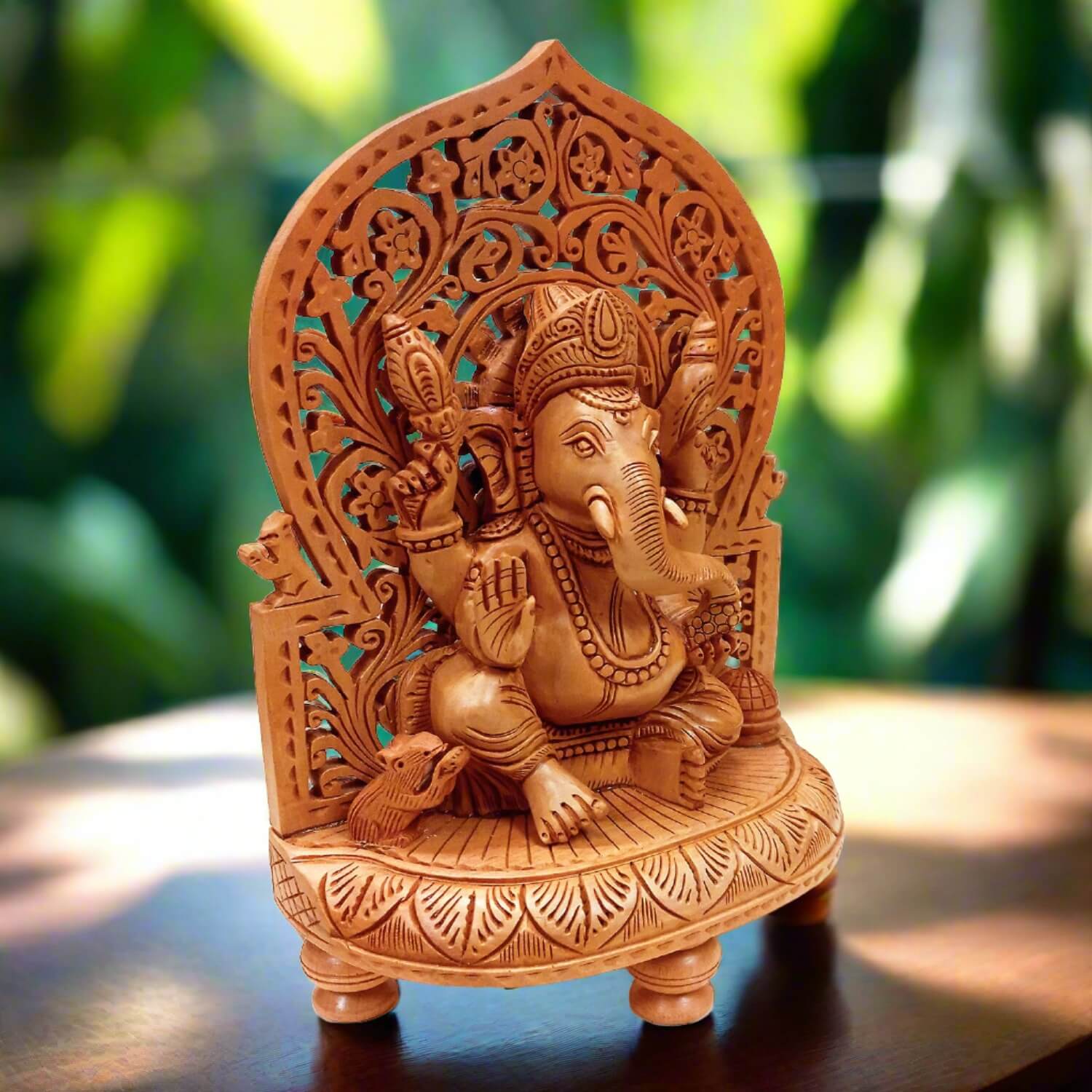 Mehraab style Ganesha idol carved from wood, great addition for pooja room and traditional decor