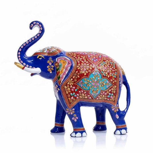 Large premium 1 feet trunk-up Meenakari elephant statue in multicolour metal for home decor.