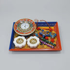 Premium Diwali Gift Set with Marble Meenakari Clock, Painted Wooden Tray and Marble Diyas