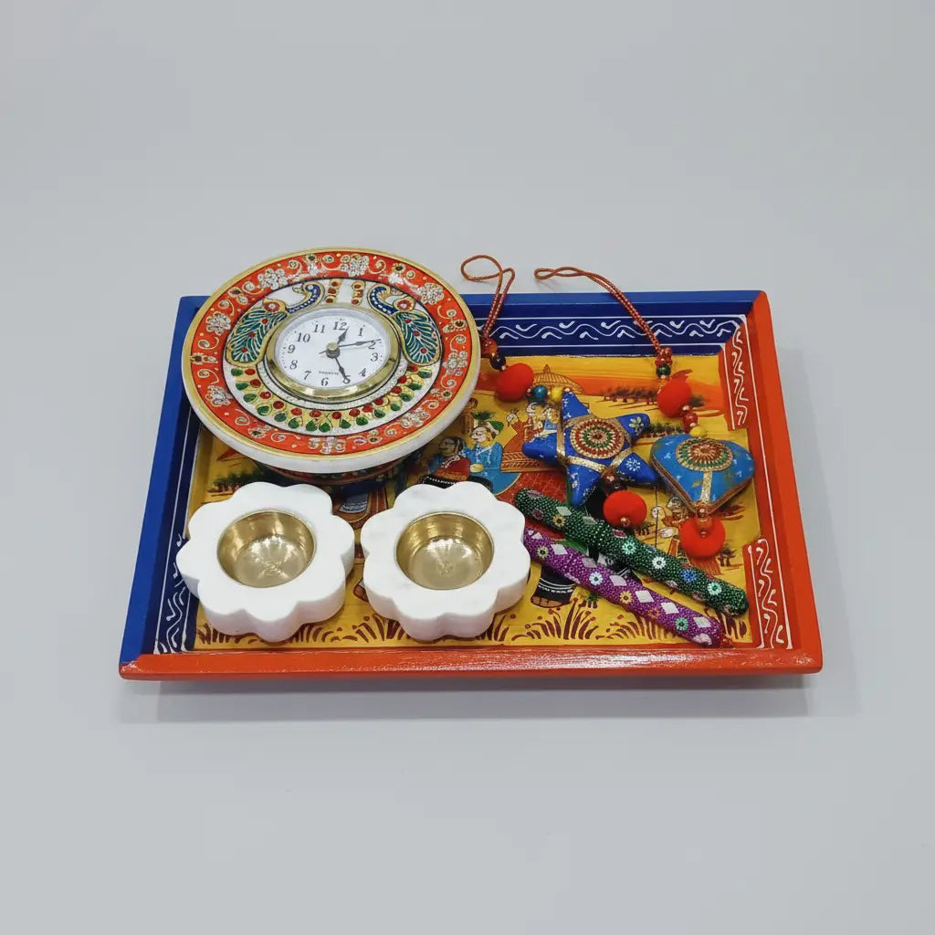 Premium Diwali Gift Set with Marble Meenakari Clock, Painted Wooden Tray and Marble Diyas