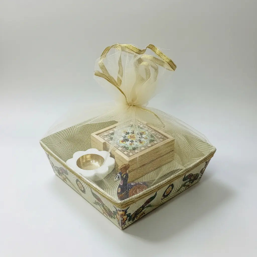 Premium Indian Craft Gift Hamper with Gold Organza Ribbon — Blue Pottery, Marble & Meenakari
