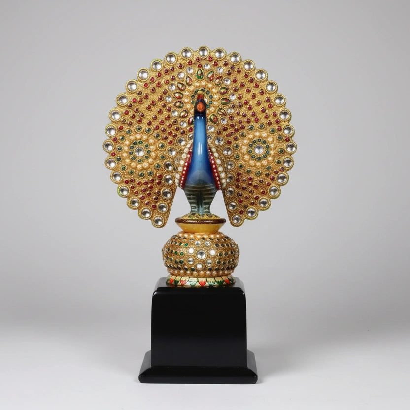 Elegant wooden peacock showpiece for office desk decor, showcasing traditional craftsmanship and stone embellishments.