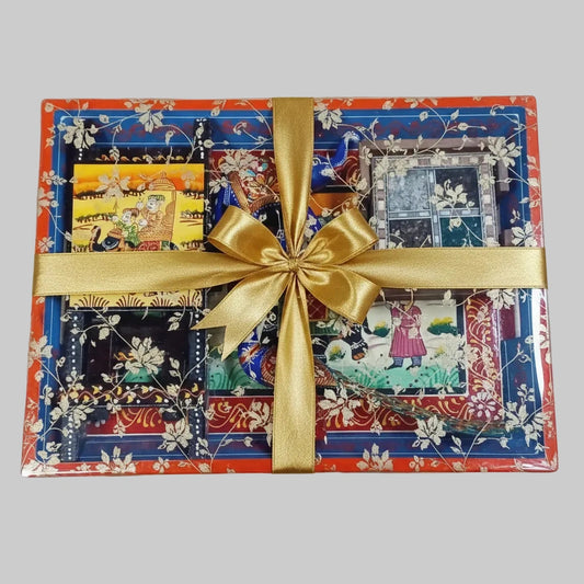 Rajasthani handcrafted office gift set professionally packed in a premium printed transparent gift wrap for corporate gifting.