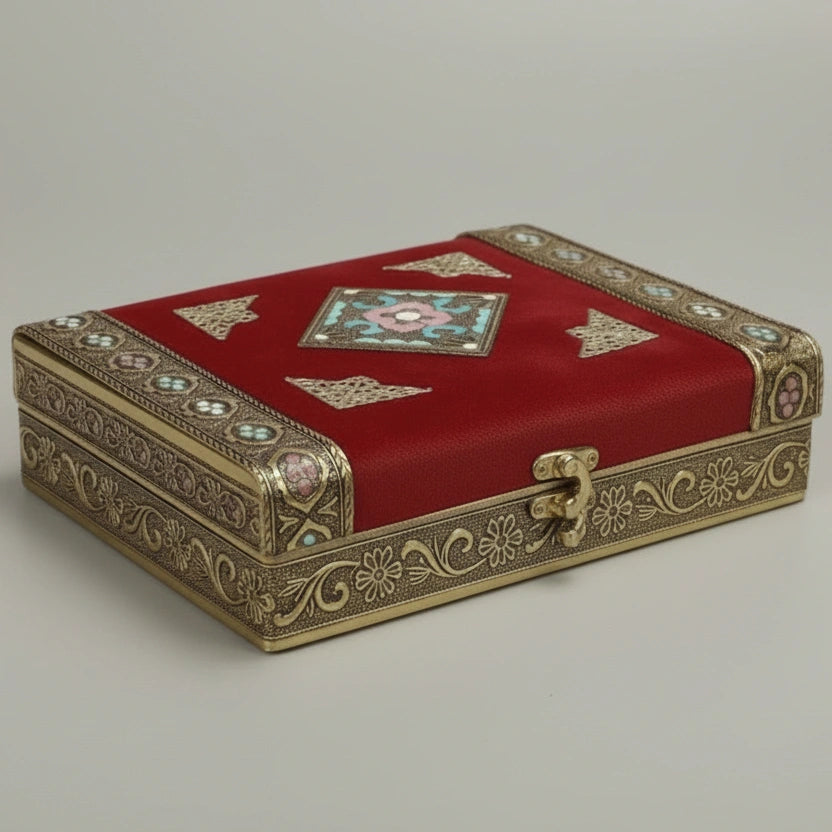 Premium red velvet dry fruit box with golden metal embossed foil and 4 internal partitions for organized gifting.