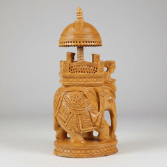 Front view of a premium hand-carved wooden Ambabari elephant statue featuring intricate traditional details.