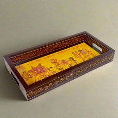 Premium wooden serving tray featuring colorful intricate ethnic motifs and durable wood finish