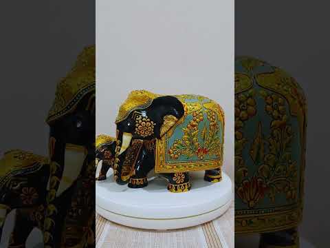 Wooden Hand-Painted Elephant Figurine with Emboss Painting