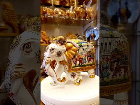 White Wooden Elephant Statue | Mughal Hand-Painted Decor with Gold Accents