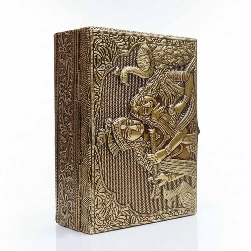 Elegant wooden gift box front view with embossed Radha Krishna golden artwork and floral border.