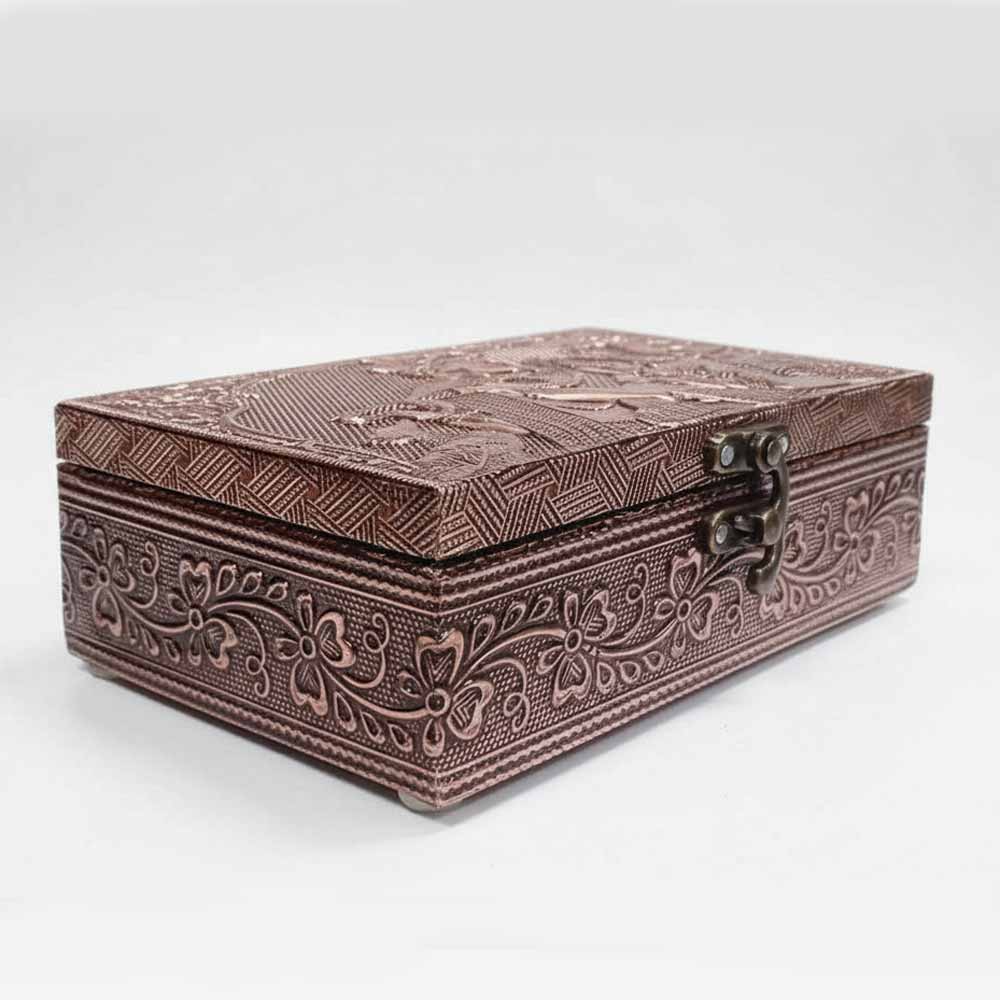 Side view of handcrafted Radha Krishna wooden jewellery box with antique copper finish.