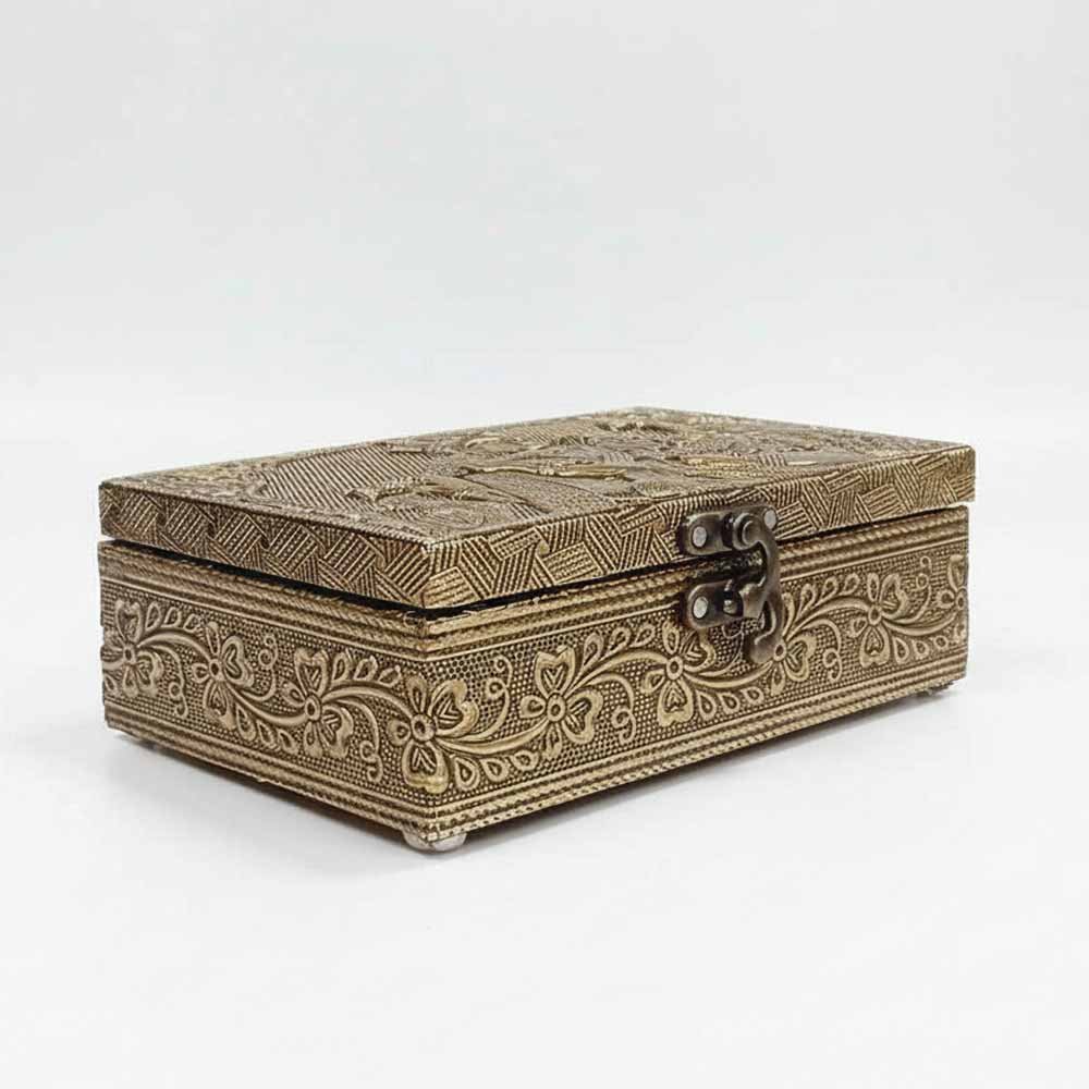 Side angle of handcrafted Radha Krishna golden finish wooden jewellery box.