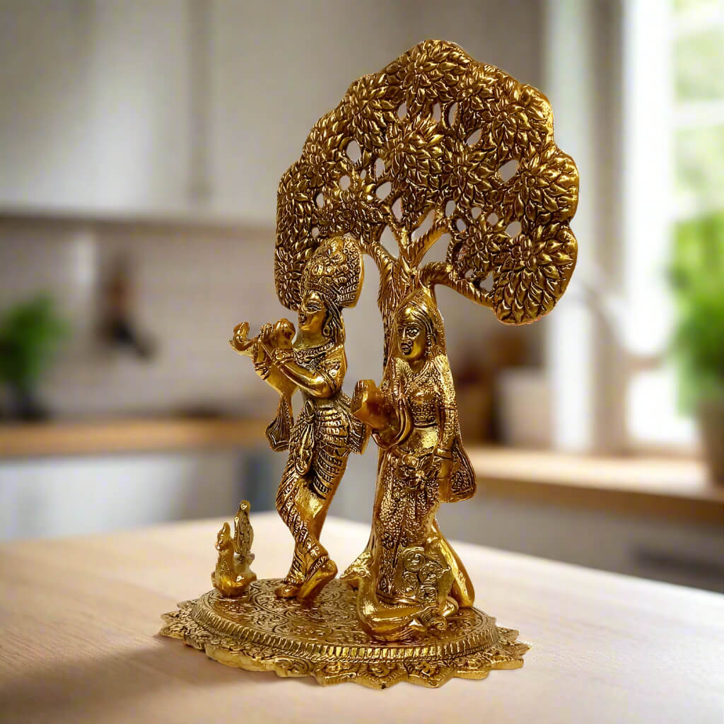 Elegant Radha Krishna idol in metal – handcrafted murti for home temple décor