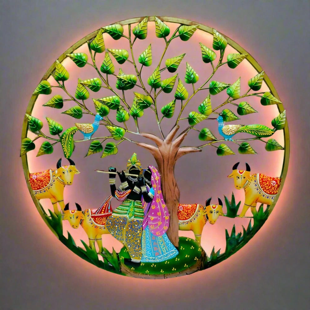 Divine Metal Art of Radha Krishna Beneath Tree with Four Cows – Decorative LED wall frame for Diwali celebrations, showcases traditional hand-painting and spiritual elegance.