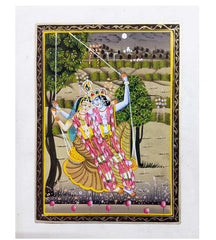 An unframed painting of Radha and Krishna on silk, a classic miniature art piece.