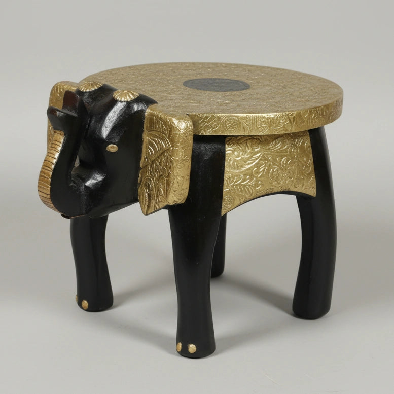Authentic Rajasthani wooden stool with decorative brass fittings and black finish.