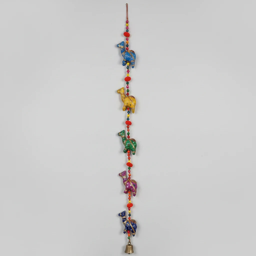 Handcrafted Rajasthani Camel String Wall Hanging with Multicolour Beads, Lace, Pom Poms and Brass Cow Bell — 3 Feet Long