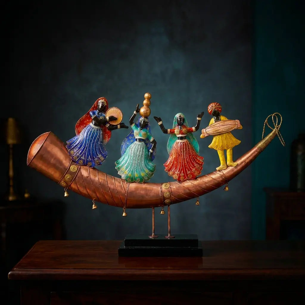Rajasthani folk dance and musicians table decor with hanging bells and a wooden platform against a dark teal background