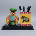 Rajasthani folk musician pen stand handcrafted wooden desk organizer with elephant motif