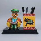 Rajasthani folk musician pen stand handcrafted wooden desk organizer with elephant motif