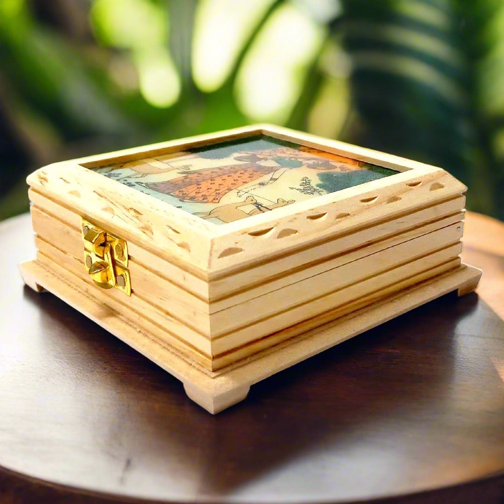 Compact 13cm square pine wood jewellery box featuring shimmering gemstone powder art – perfect for earrings, chains & beads.