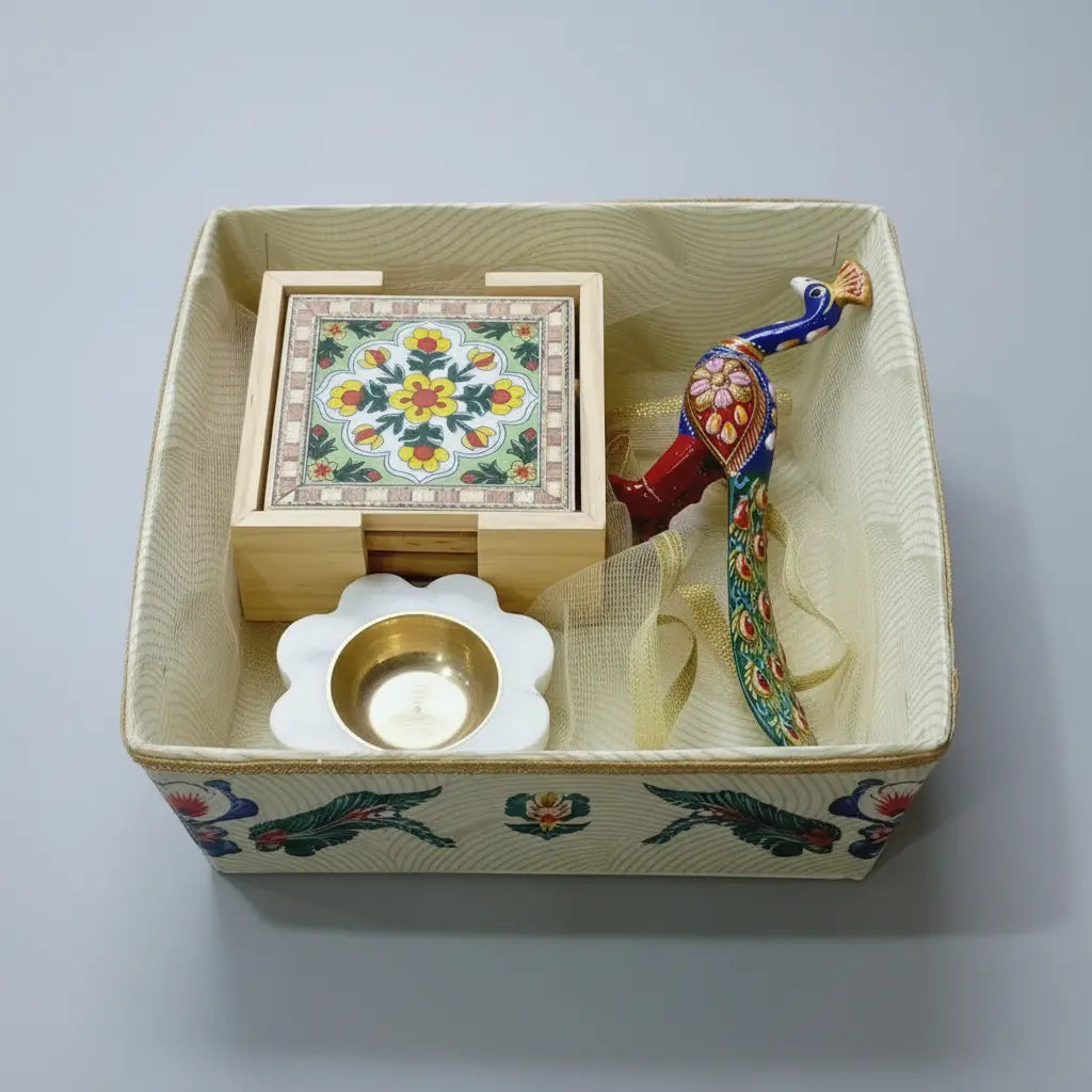 Open Gift Box with Blue Pottery Coaster Set, Marble Candle Holder and Meenakari Peacock Figurine