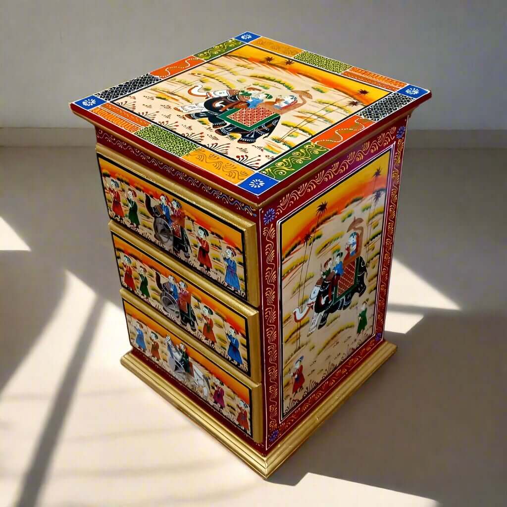 Rajasthani hand-painted chest of drawers featuring royal procession theme